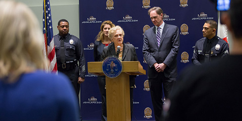 Dean Marilyn Flynn speaks at a press conference announcing the Law Enforcement Advanced Development program