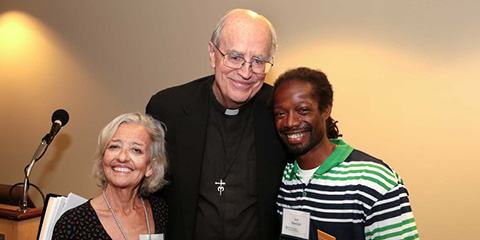 Emily Martinuik, left, CSH Speakers Bureau; Father James L. Heft; and Sam Randolph