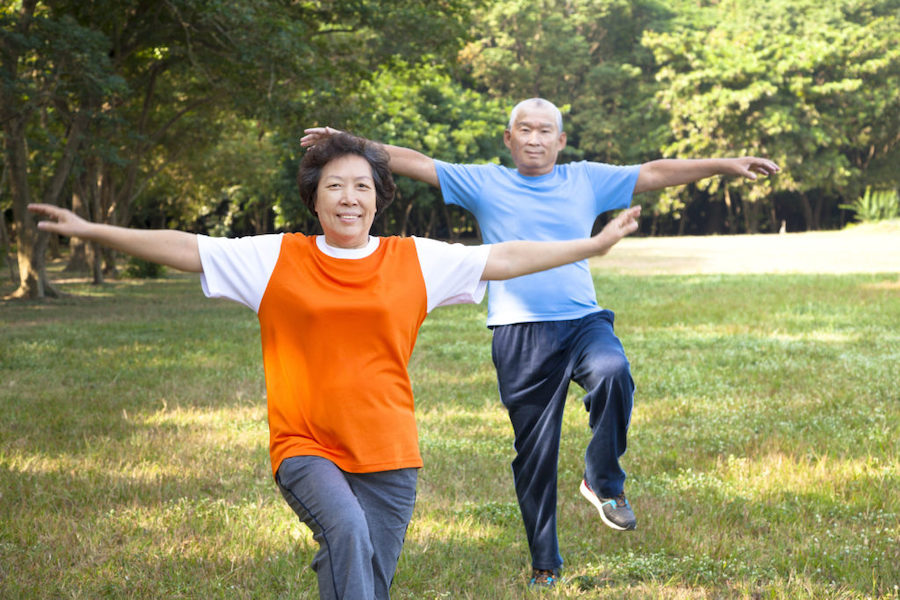 Older adults doing yoga in a park