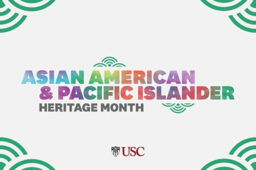 Graphic promoting Asian American & Pacific Islander Heritage Month. The text "Asian American & Pacific Islander" is displayed in a colorful gradient, while "Heritage Month" appears in bold gray text underneath. Green wave-like decorative patterns are placed in the corners and center. The USC (University of Southern California) logo appears at the bottom.