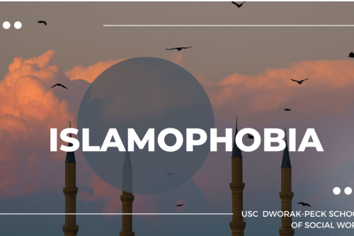 Silhouetted mosque towers against a sunset sky with text reading "Islamophobia"