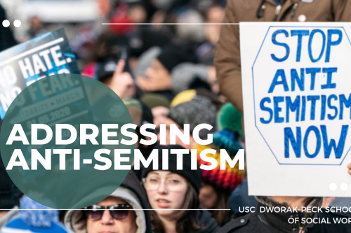 person holding "Stop anti-semitism now" sign overlaid with the text "Addressing Anti-Semitism"