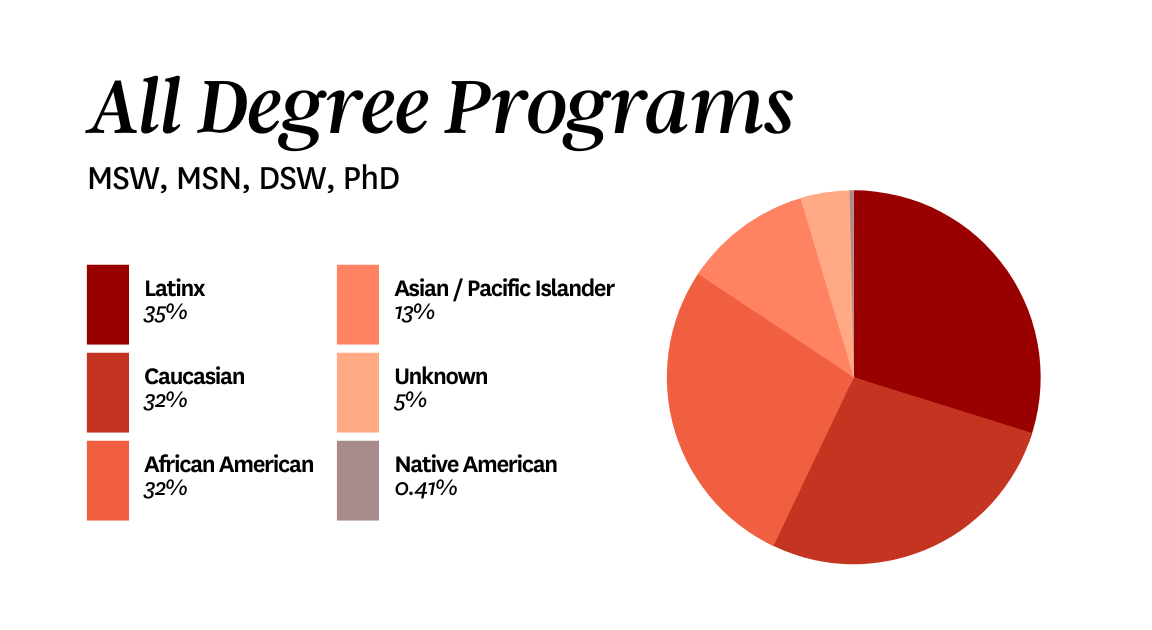 All Degree Programs chart shows a breakdown of student demographics across four degree programs in the School of Social Work.