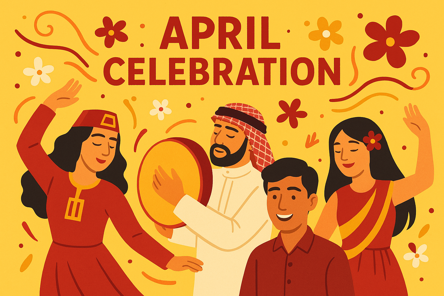 Illustration celebrating April cultural events. The image features four diverse characters: a woman in traditional Armenian dress dancing, a man in traditional Arab attire playing a frame drum, a smiling man in a red shirt, and a woman in a red and yellow dress with a flower in her hair dancing joyfully. The background is yellow with decorative flowers and swirls, and the text "April Celebration" appears at the top in bold red letters.