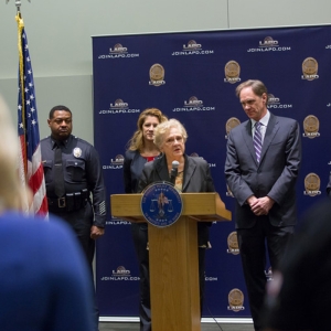 Dean Marilyn Flynn speaks at a press conference announcing the Law Enforcement Advanced Development program